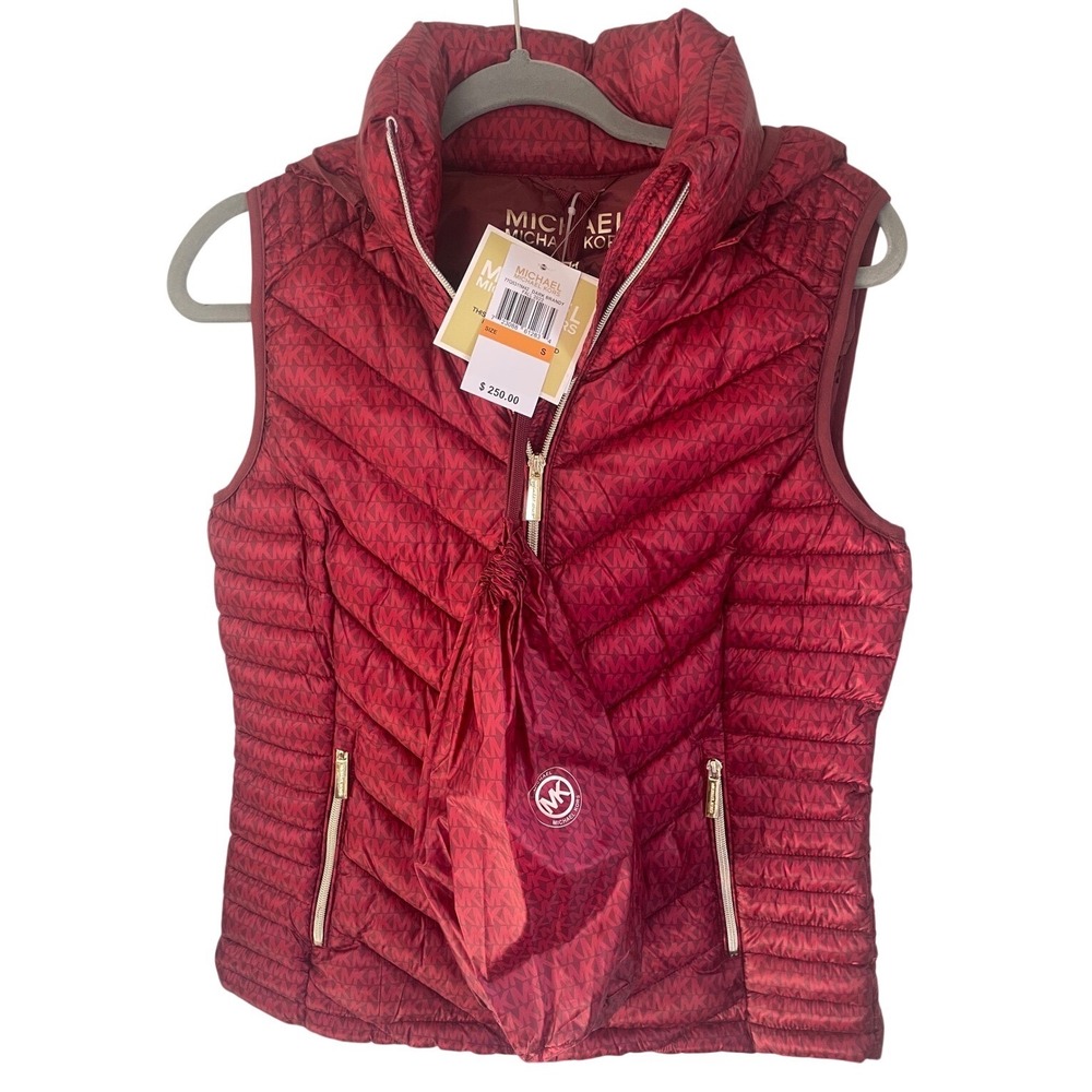 NWT Michael Kors Women's Packable Puffer Vest Dark Brandy MK Logo Hooded Small